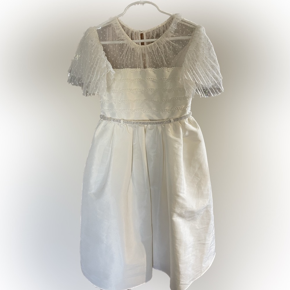 SELF PORTRAIT Size 6/7 Ivory rhinestone belt dress with Swiss dot sleeve.